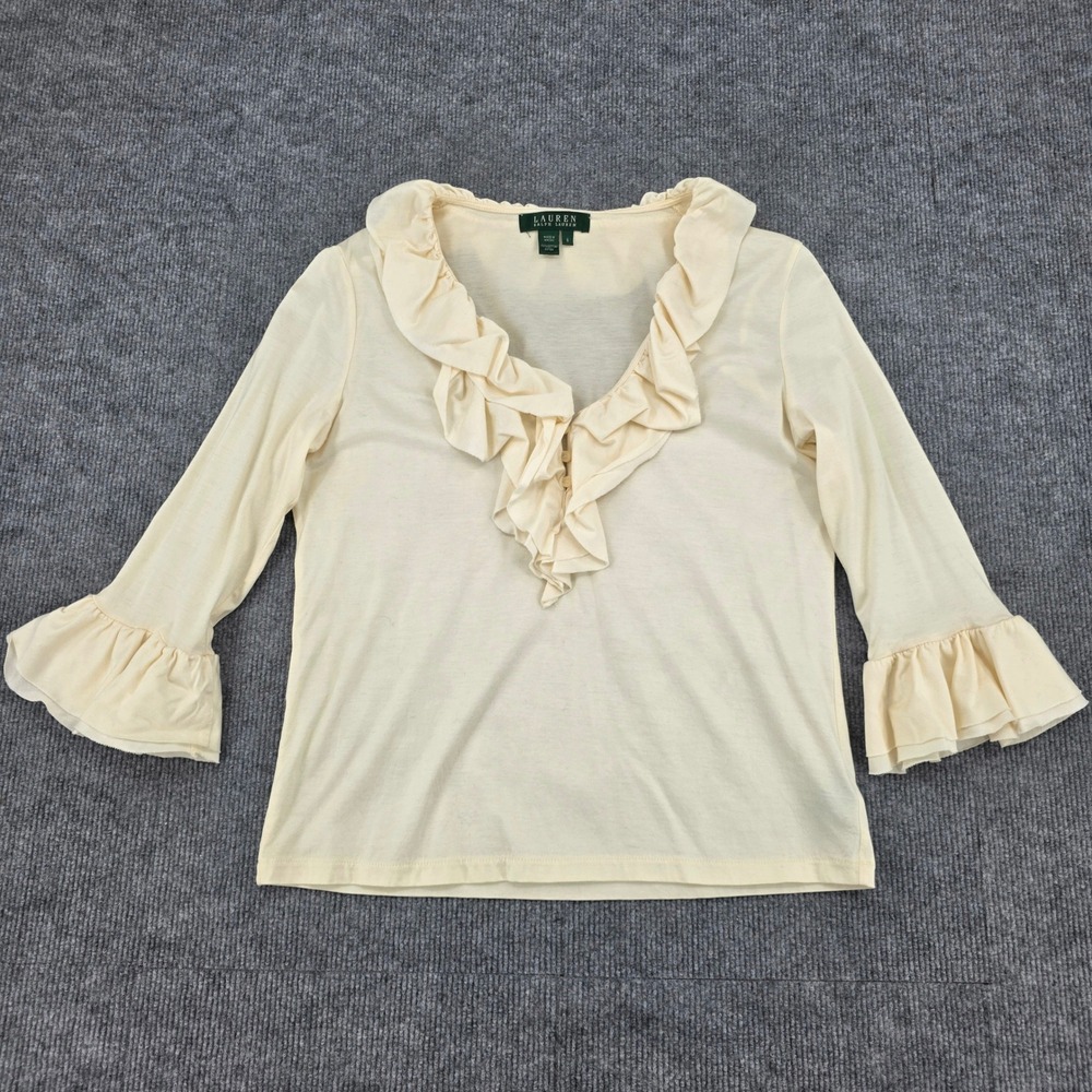 Lauren Ralph Lauren Cream Ruffle V-Neck Bell Sleeve Cotton Knit Top Small
